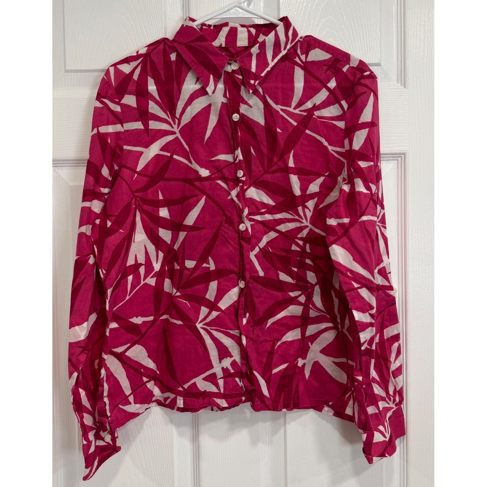 Villager Liz Claiborne Womens L Pink Tropical Leaf Button Down Shirt 100% Cotton